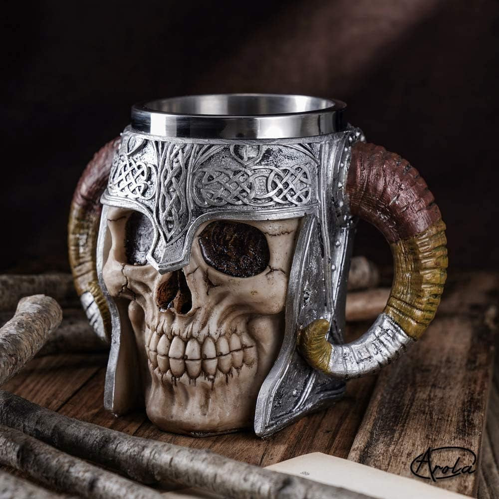 Stainless Steel Double Handle Horn Skull Beer Cup, Viking Warrior Skull Mug Tankard, Medieval Drinkware Mug for Coffee/Beverage/Juice 17Oz.