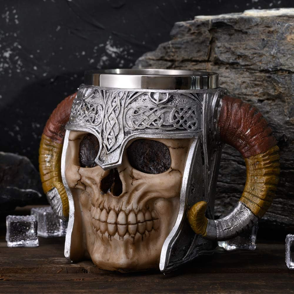 Stainless Steel Double Handle Horn Skull Beer Cup, Viking Warrior Skull Mug Tankard, Medieval Drinkware Mug for Coffee/Beverage/Juice 17Oz.