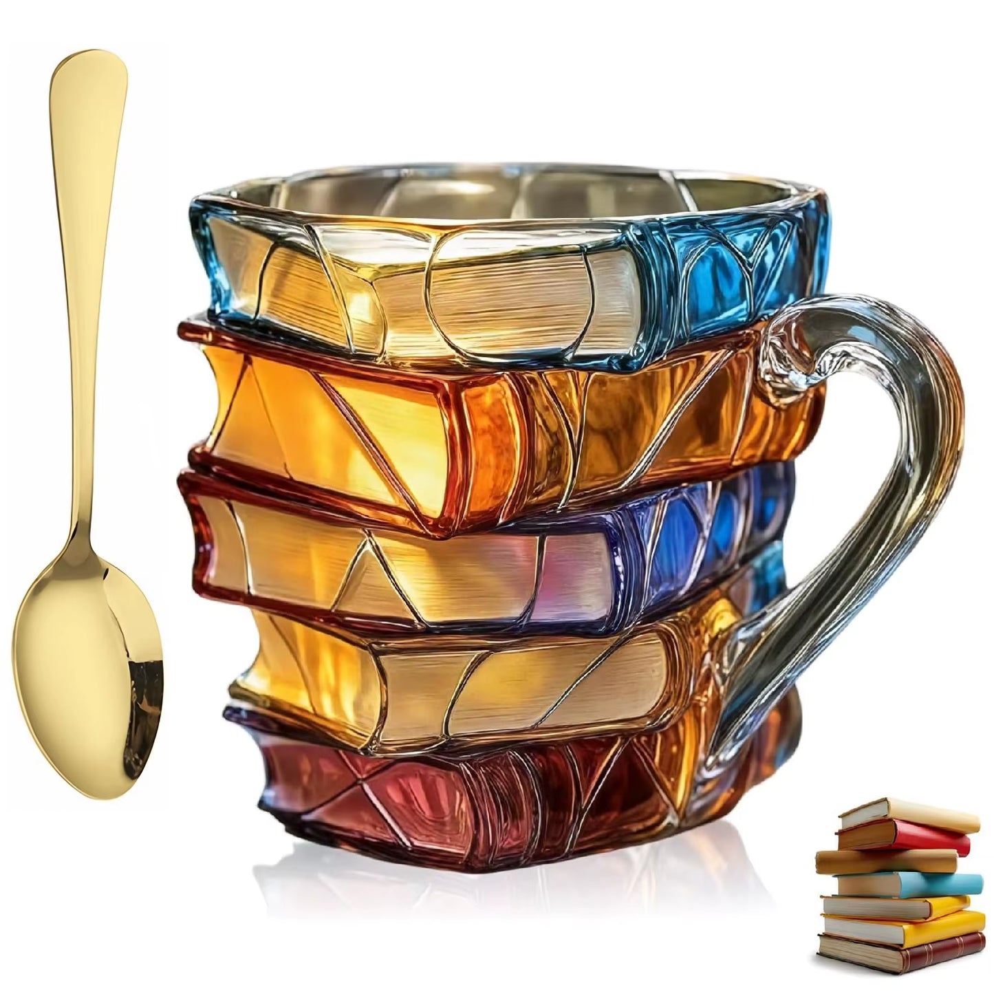 Painted Gnome Book Mug, Novelty 3D Painted Unique Books Stack Coffee Cup, Colored Glass Mug Gifts for Book Lovers