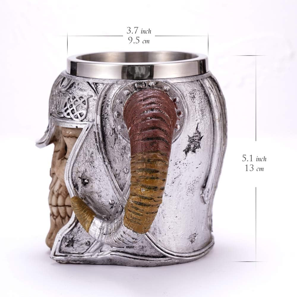 Stainless Steel Double Handle Horn Skull Beer Cup, Viking Warrior Skull Mug Tankard, Medieval Drinkware Mug for Coffee/Beverage/Juice 17Oz.