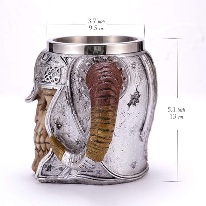 Stainless Steel Double Handle Horn Skull Beer Cup, Viking Warrior Skull Mug Tankard, Medieval Drinkware Mug for Coffee/Beverage/Juice 17Oz.