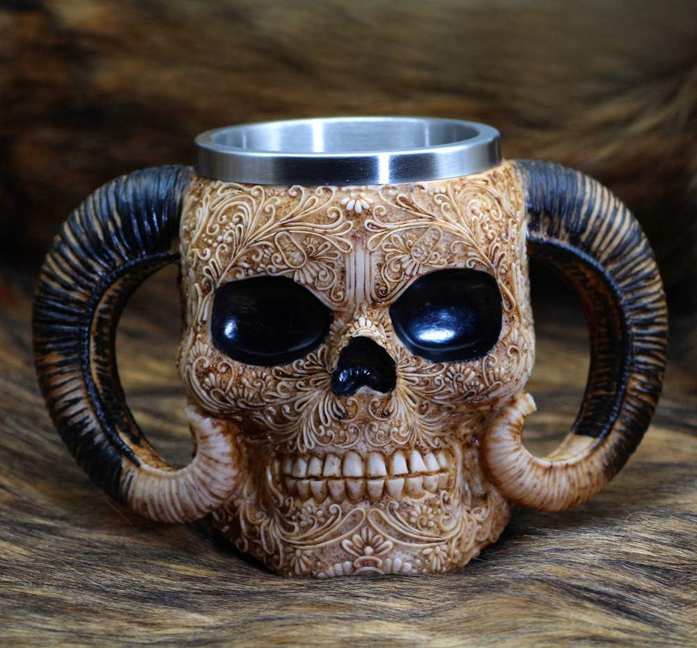 Stainless Steel Skull Mug Viking Ram Homed Pit Lord Warrior Beer Goat Horn Resin Tankard Coffee Mugs Tea Cup Halloween Bar Gift 18.60Oz (550Ml)
