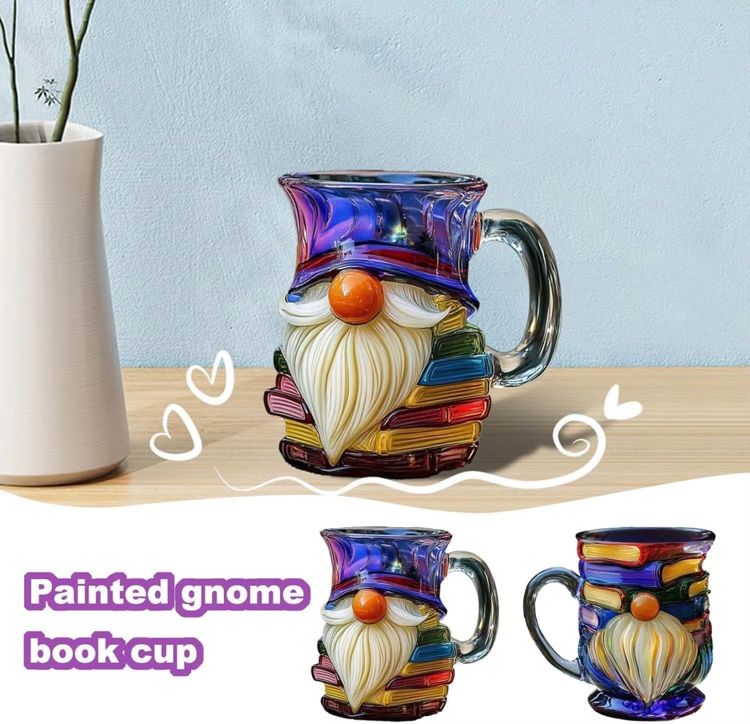 Painted Gnome Book Mug, Novelty 3D Painted Unique Books Stack Coffee Cup, Colored Glass Mug Gifts for Book Lovers