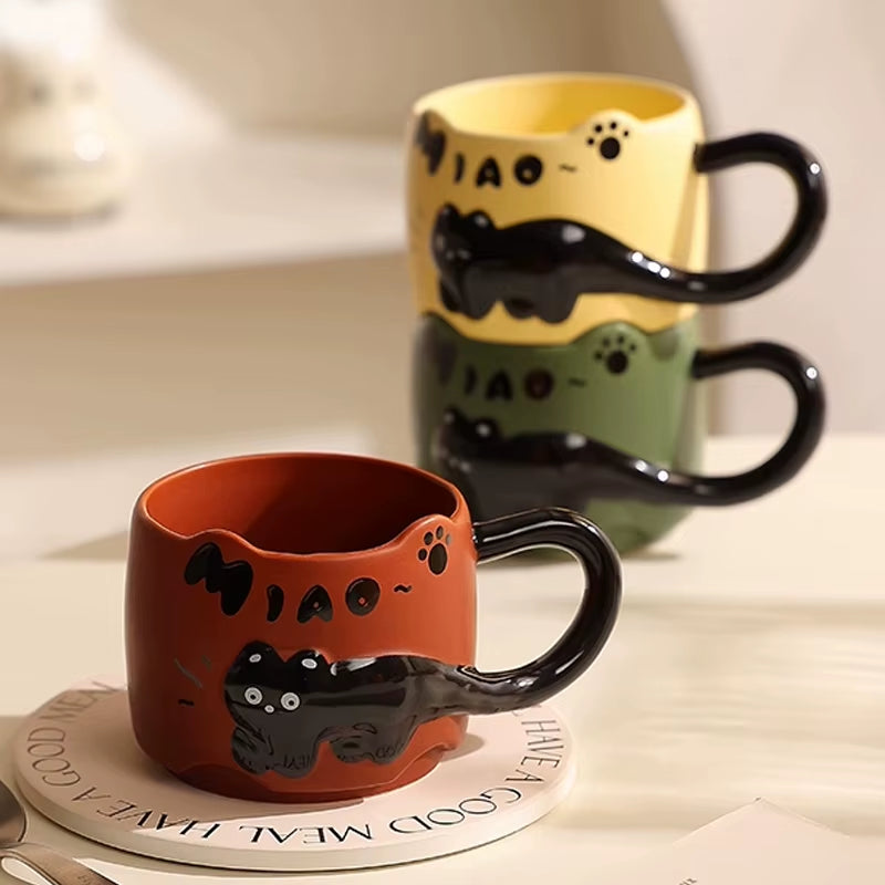 4 Color Embossed Kitten Cat Mug High Value Mug Cute Creative Couple Water Cup Ceramic Office Coffee Mug