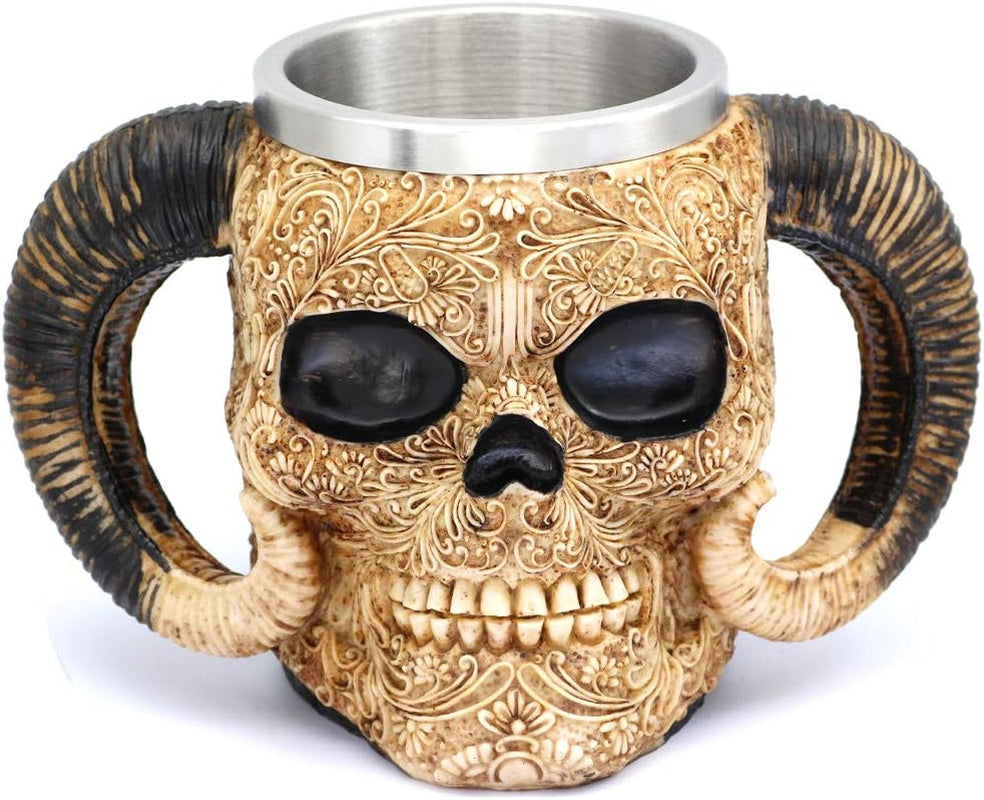 Stainless Steel Skull Mug Viking Ram Homed Pit Lord Warrior Beer Goat Horn Resin Tankard Coffee Mugs Tea Cup Halloween Bar Gift 18.60Oz (550Ml)