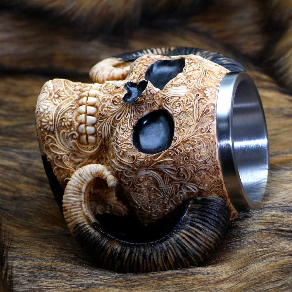 Stainless Steel Skull Mug Viking Ram Homed Pit Lord Warrior Beer Goat Horn Resin Tankard Coffee Mugs Tea Cup Halloween Bar Gift 18.60Oz (550Ml)