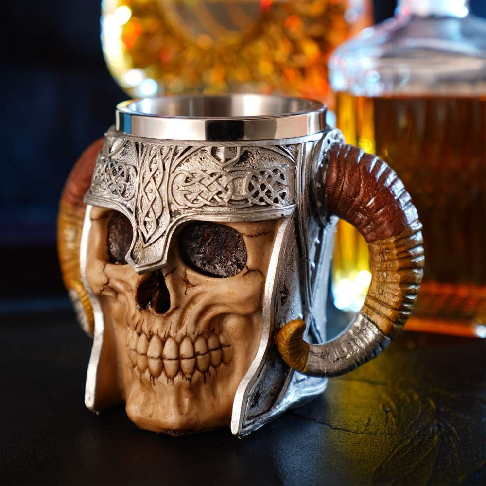 Stainless Steel Double Handle Horn Skull Beer Cup, Viking Warrior Skull Mug Tankard, Medieval Drinkware Mug for Coffee/Beverage/Juice 17Oz.