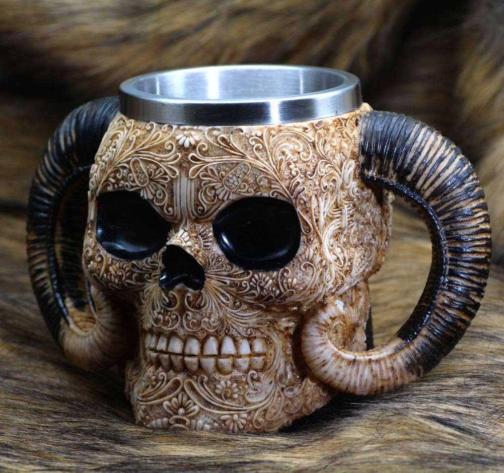 Stainless Steel Skull Mug Viking Ram Homed Pit Lord Warrior Beer Goat Horn Resin Tankard Coffee Mugs Tea Cup Halloween Bar Gift 18.60Oz (550Ml)