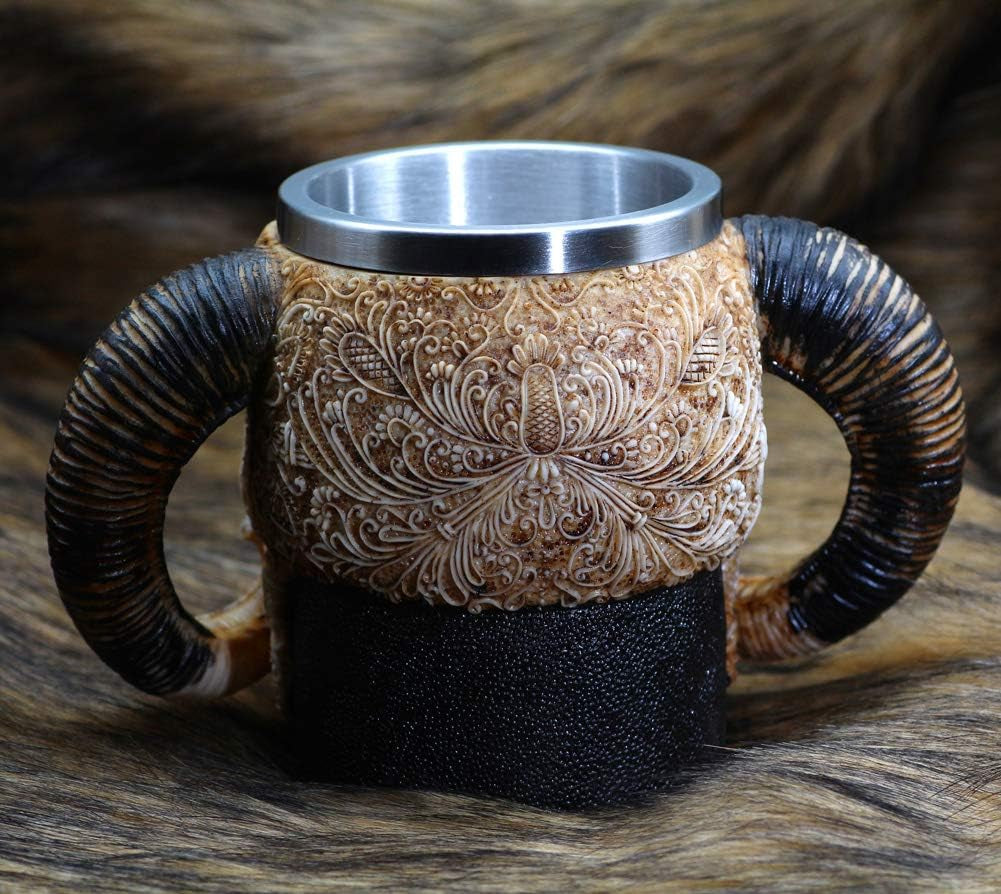 Stainless Steel Skull Mug Viking Ram Homed Pit Lord Warrior Beer Goat Horn Resin Tankard Coffee Mugs Tea Cup Halloween Bar Gift 18.60Oz (550Ml)