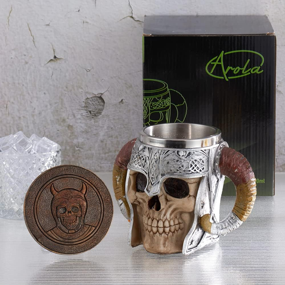 Stainless Steel Viking Skull Mug+Coaster,Double Handle Horn Skull Beer Mug Tankard, Medieval Drinkware Mug for Coffee/Beverage/Juice17Oz.
