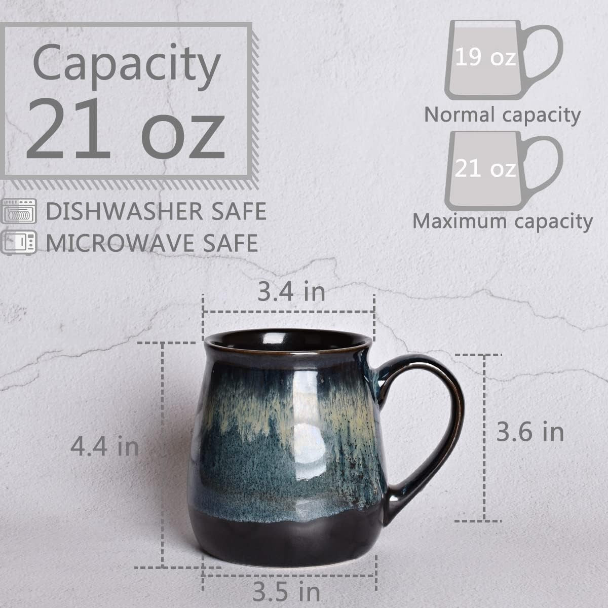Large Ceramic Coffee Mug, Blue Big Tea Cup for Office and Home, 21 Oz, Dishwa...
