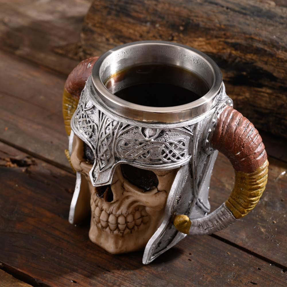 Stainless Steel Double Handle Horn Skull Beer Cup, Viking Warrior Skull Mug Tankard, Medieval Drinkware Mug for Coffee/Beverage/Juice 17Oz.