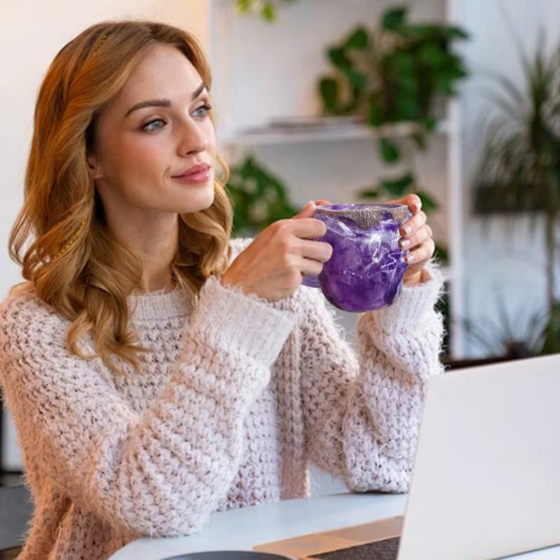 Natural Crystal Amethyst Rose Quartz White Crystal Cup Hand Curved Geode Crystal Tea Coffe Milk Mug Collection Craft Mugs