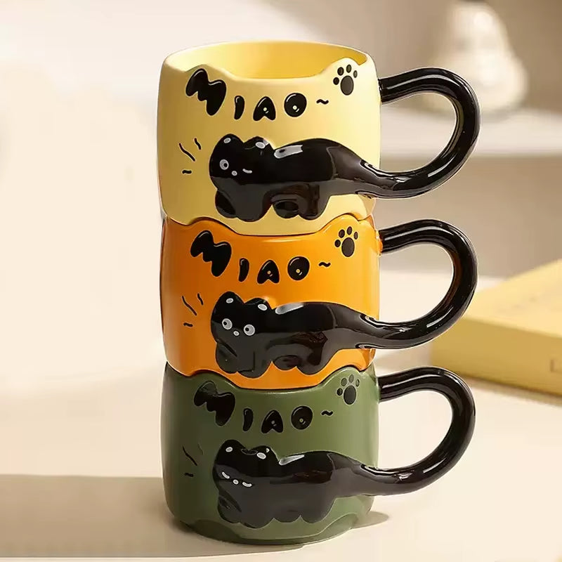 4 Color Embossed Kitten Cat Mug High Value Mug Cute Creative Couple Water Cup Ceramic Office Coffee Mug