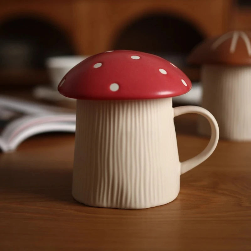 American Retro Style Mug with Lid, Cute Water Cup, Mushroom Couple Ceramic Drinking Cup, Funny Mugs