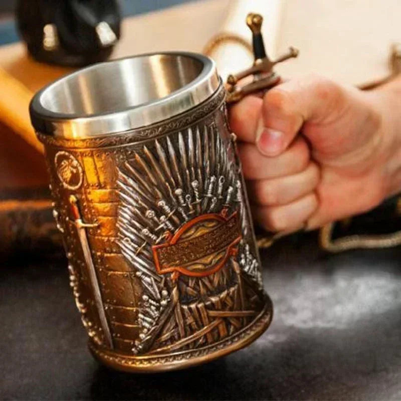 600ml Norse Mythology Beer Mugs World Tree Viking Warrior Oak Barrel Resin Stein Tankard Stainless Steel Water Mug Coffee Cup