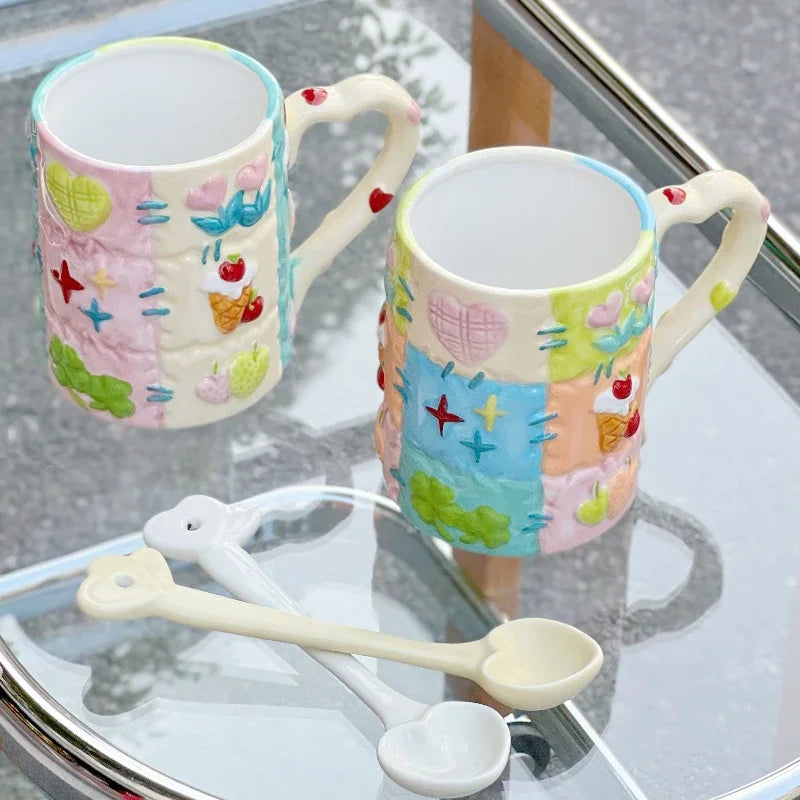 500 ML Large Capacity Coffee Mug Household High Beauty Cute Ceramic Breakfast Milk Cup Creative Relief Water Cups Birthday Gift