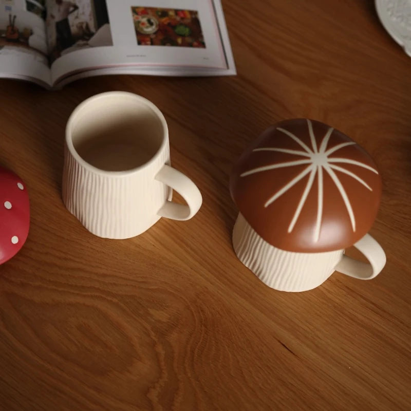 American Retro Style Mug with Lid, Cute Water Cup, Mushroom Couple Ceramic Drinking Cup, Funny Mugs