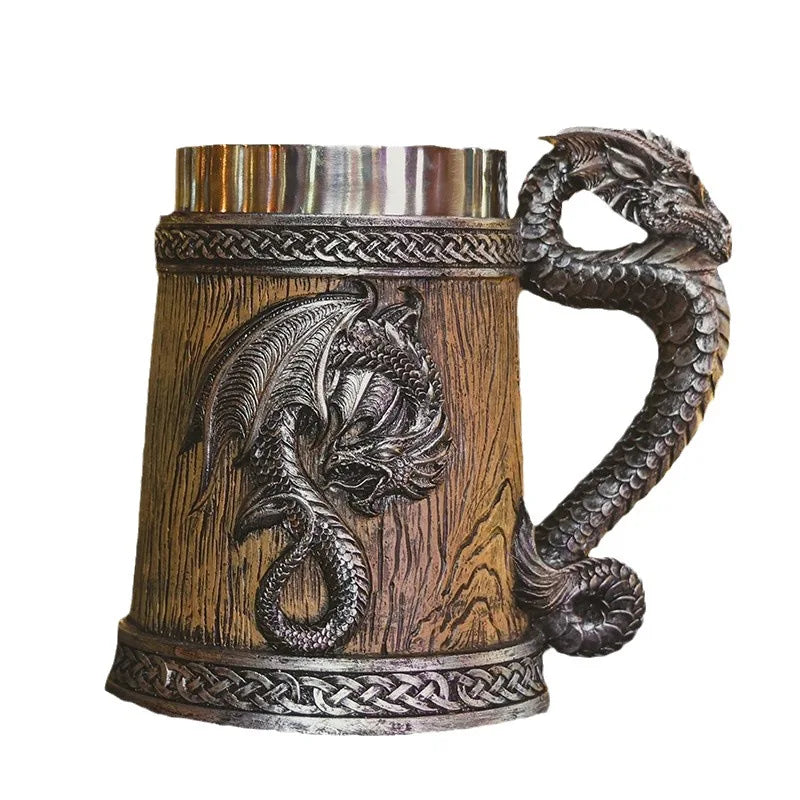 Dragon Mug Pterosaur Cup Stainless Steel Resin Large Capacity Bar Beer Wine Coffee Milk Drinkware Retro Wooden Barrel 600ml