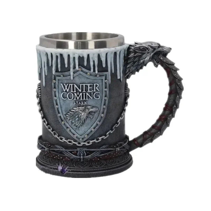 600ml Norse Mythology Beer Mugs World Tree Viking Warrior Oak Barrel Resin Stein Tankard Stainless Steel Water Mug Coffee Cup