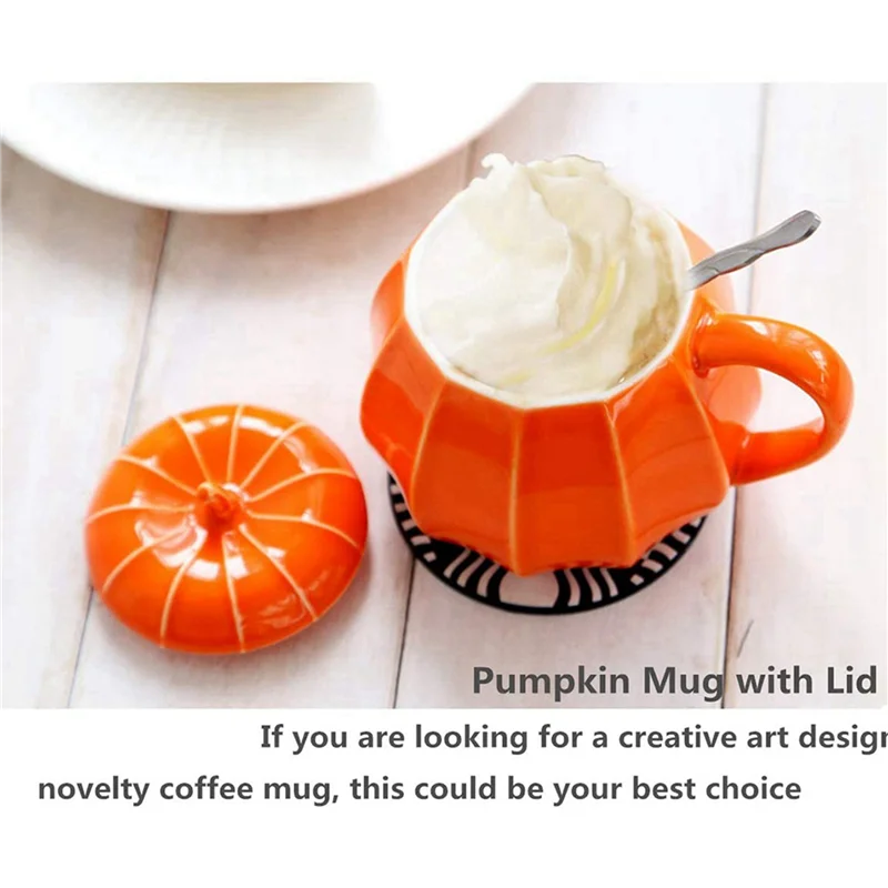 ABUN-2X Mug Pumpkin Mug With Lid -  Decorations Ornament Coffee Mugs Big Cute Fall Cups Teacup - Birthday Gift Idea