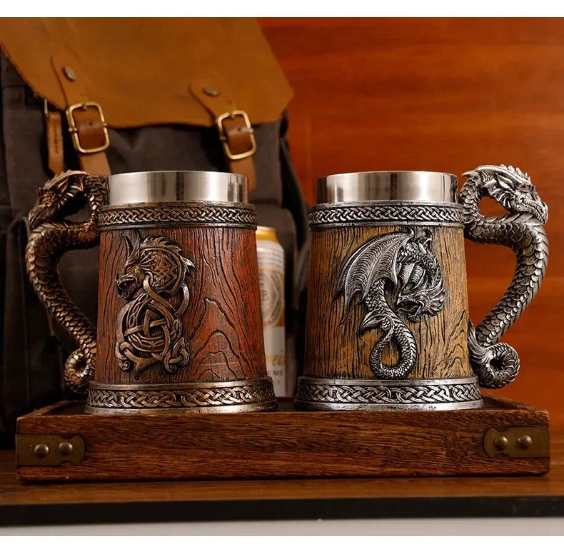 Dragon Mug Pterosaur Cup Stainless Steel Resin Large Capacity Bar Beer Wine Coffee Milk Drinkware Retro Wooden Barrel 600ml
