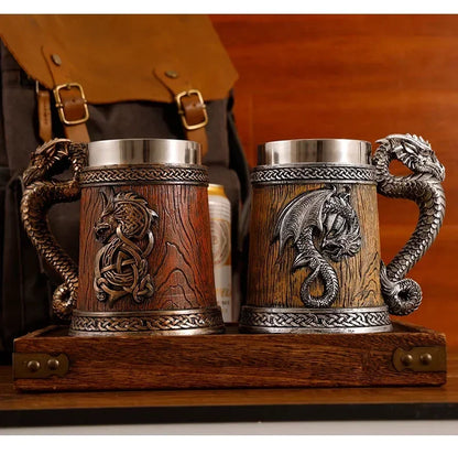 Dragon Mug Pterosaur Cup Stainless Steel Resin Large Capacity Bar Beer Wine Coffee Milk Drinkware Retro Wooden Barrel 600ml