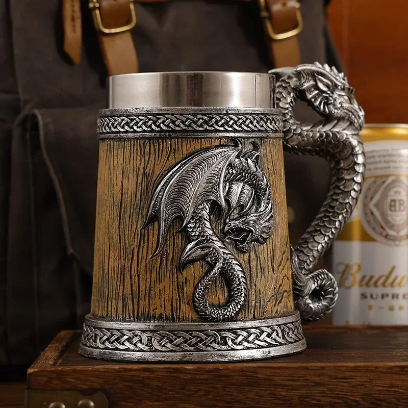Dragon Mug Pterosaur Cup Stainless Steel Resin Large Capacity Bar Beer Wine Coffee Milk Drinkware Retro Wooden Barrel 600ml