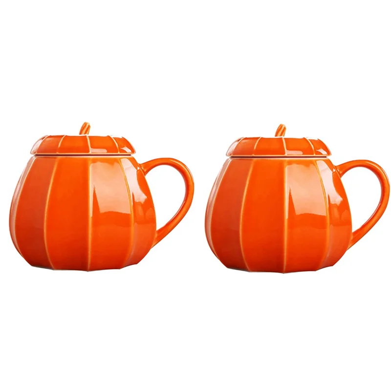 ABUN-2X Mug Pumpkin Mug With Lid -  Decorations Ornament Coffee Mugs Big Cute Fall Cups Teacup - Birthday Gift Idea