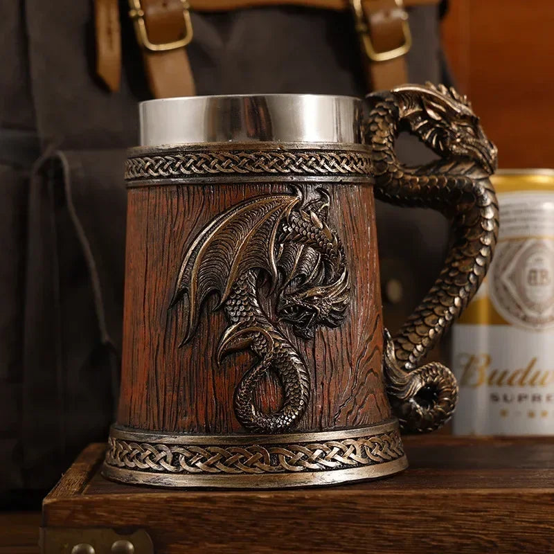 Dragon Mug Pterosaur Cup Stainless Steel Resin Large Capacity Bar Beer Wine Coffee Milk Drinkware Retro Wooden Barrel 600ml