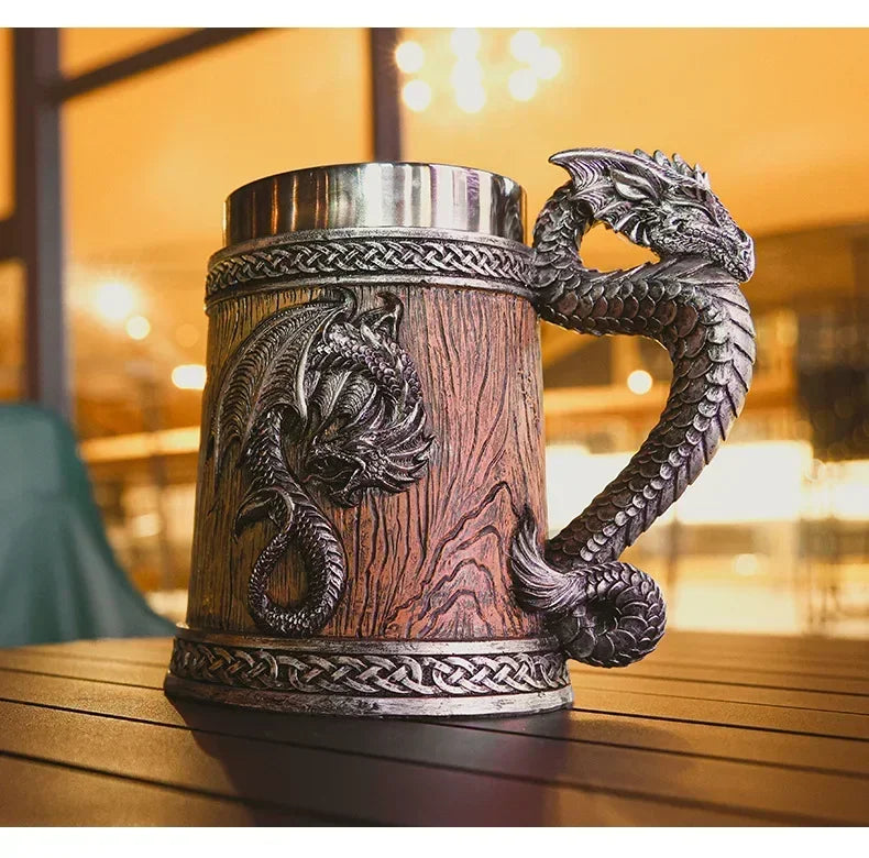 Dragon Mug Pterosaur Cup Stainless Steel Resin Large Capacity Bar Beer Wine Coffee Milk Drinkware Retro Wooden Barrel 600ml