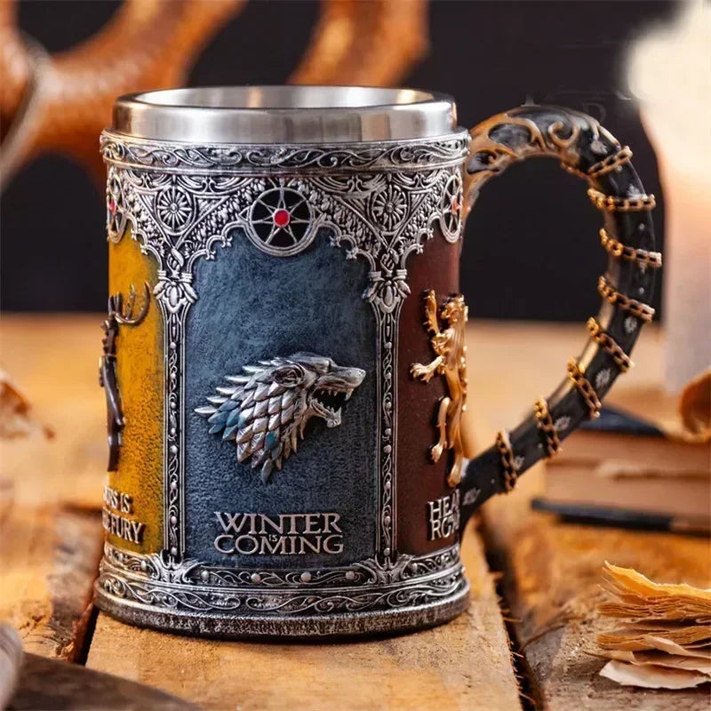 600ml Norse Mythology Beer Mugs World Tree Viking Warrior Oak Barrel Resin Stein Tankard Stainless Steel Water Mug Coffee Cup