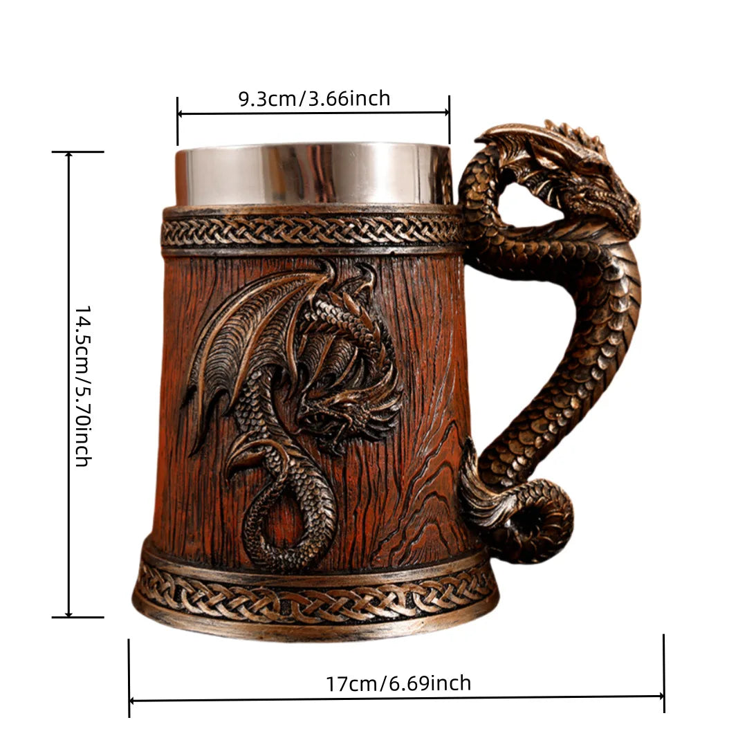 Dragon Mug Pterosaur Cup Stainless Steel Resin Large Capacity Bar Beer Wine Coffee Milk Drinkware Retro Wooden Barrel 600ml