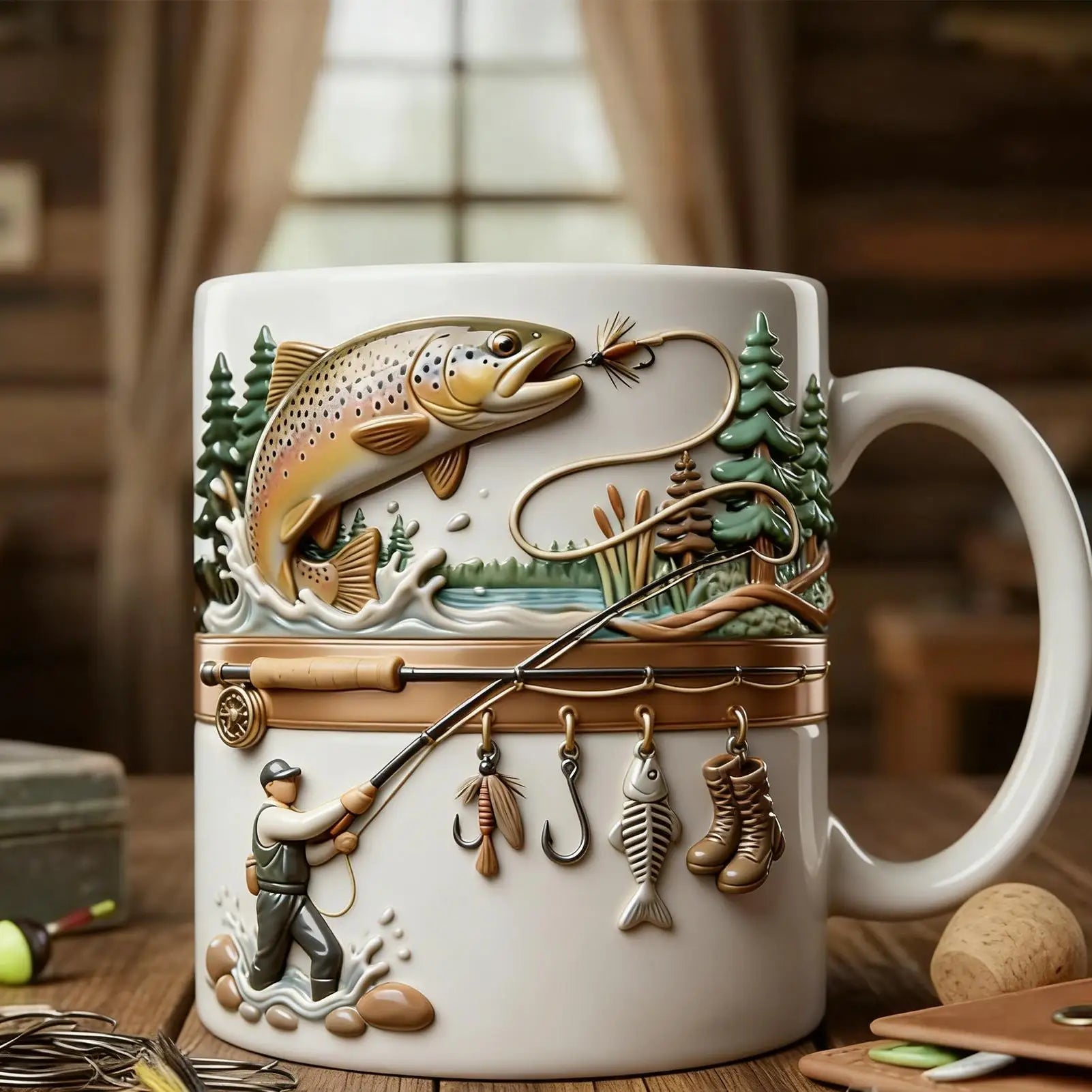 Fishing Mug 350ml Ceramic Funny Novelty Drinkware Fisherman Coffee Mug for Cold Weather Outdoor Fishing Camping Hiking Picnic