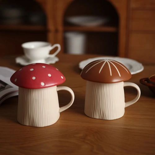 American Retro Style Mug with Lid, Cute Water Cup, Mushroom Couple Ceramic Drinking Cup, Funny Mugs