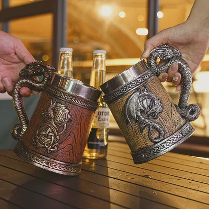 Dragon Mug Pterosaur Cup Stainless Steel Resin Large Capacity Bar Beer Wine Coffee Milk Drinkware Retro Wooden Barrel 600ml