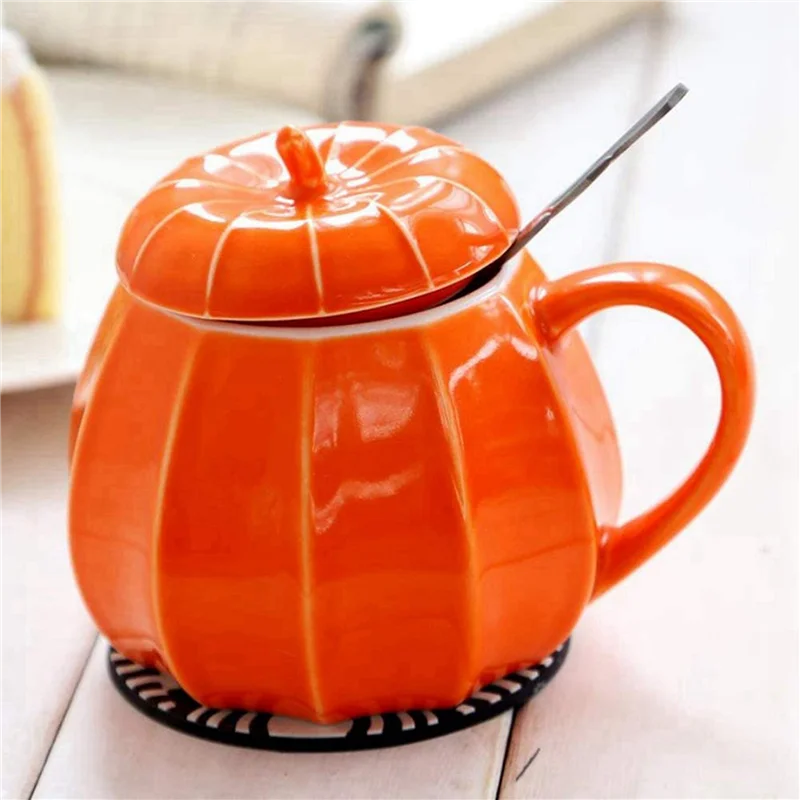 ABUN-2X Mug Pumpkin Mug With Lid -  Decorations Ornament Coffee Mugs Big Cute Fall Cups Teacup - Birthday Gift Idea