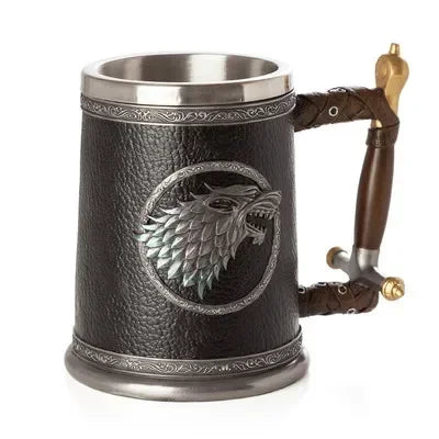 600ml Norse Mythology Beer Mugs World Tree Viking Warrior Oak Barrel Resin Stein Tankard Stainless Steel Water Mug Coffee Cup