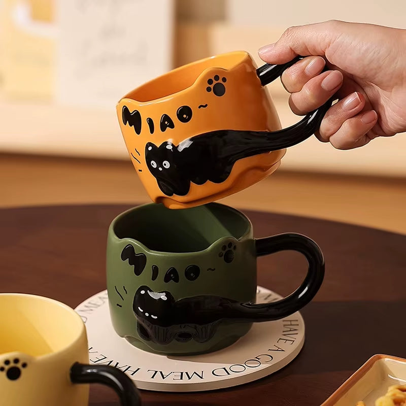 4 Color Embossed Kitten Cat Mug High Value Mug Cute Creative Couple Water Cup Ceramic Office Coffee Mug