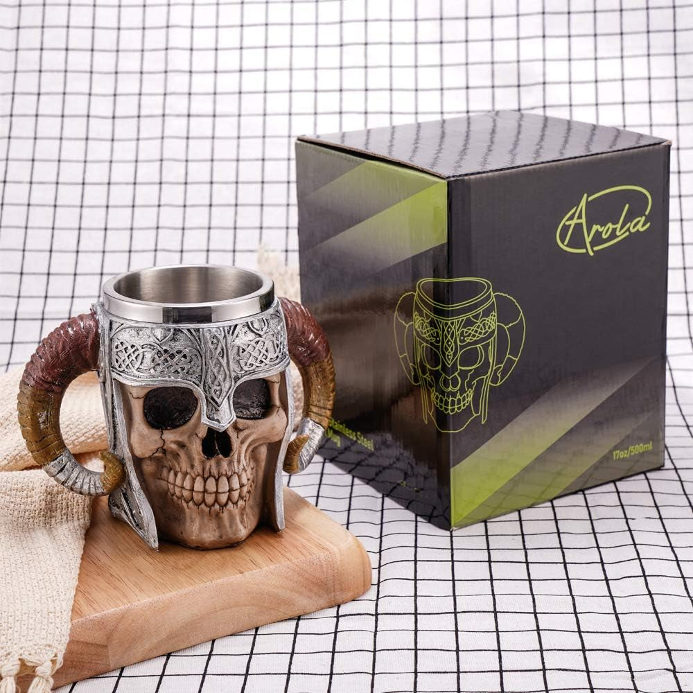 Stainless Steel Double Handle Horn Skull Beer Cup, Viking Warrior Skull Mug Tankard, Medieval Drinkware Mug for Coffee/Beverage/Juice 17Oz.