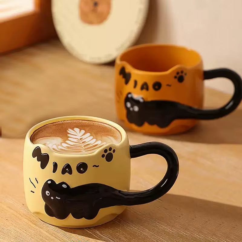 4 Color Embossed Kitten Cat Mug High Value Mug Cute Creative Couple Water Cup Ceramic Office Coffee Mug