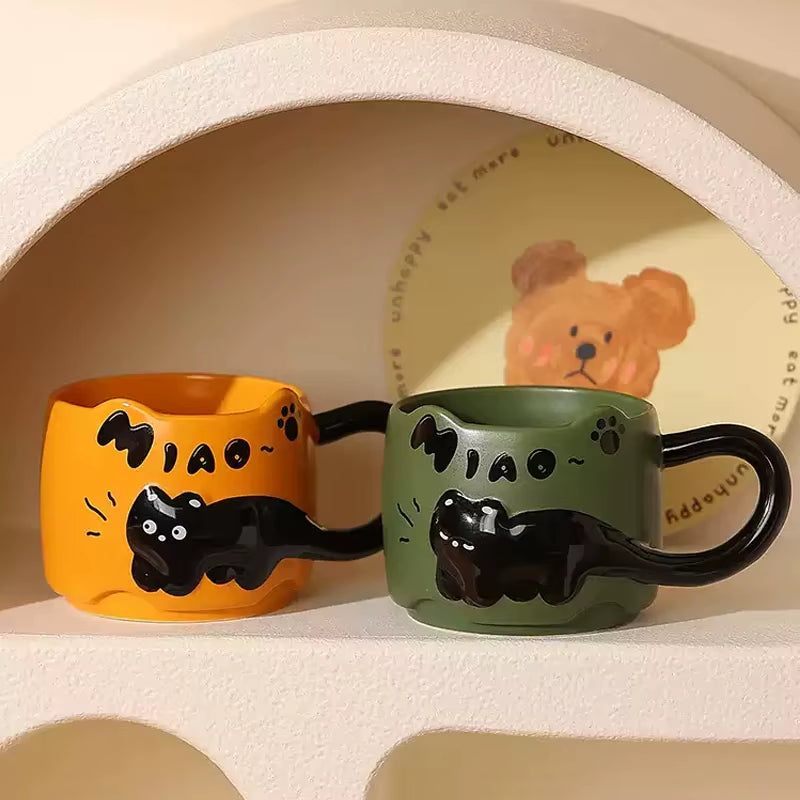 4 Color Embossed Kitten Cat Mug High Value Mug Cute Creative Couple Water Cup Ceramic Office Coffee Mug