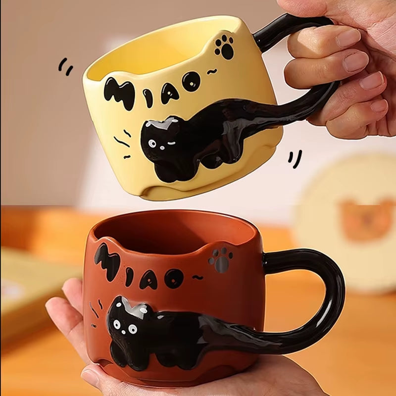 4 Color Embossed Kitten Cat Mug High Value Mug Cute Creative Couple Water Cup Ceramic Office Coffee Mug